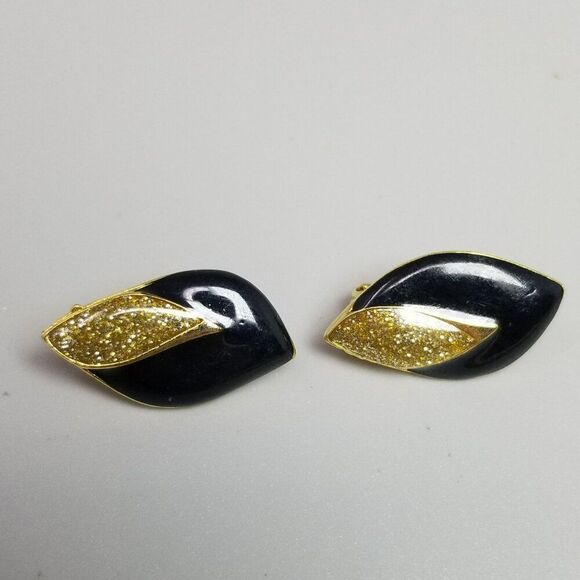 Vintage Black Enamel and Gold Glitter Clip On earrings, Retro 80s Style, Estate - Picture 2 of 6